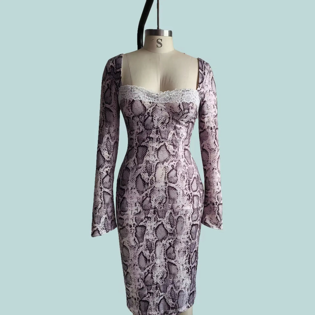 Grey slim fit long sleeve lace dress with a digital printed 3D pattern and A-line skirt.
