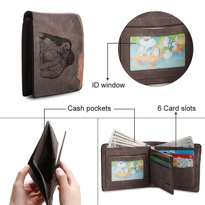 Coffee brown engraved horizontal short wallet for men made from PU leather.