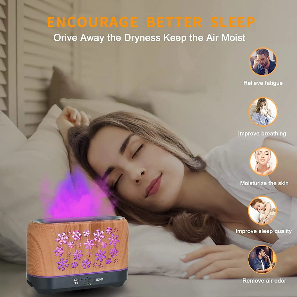 Wood grain snowflake pattern desktop humidifier with 7 colour flame effect and remote control