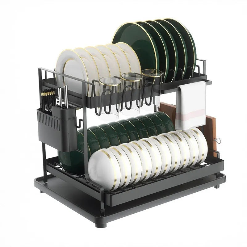 White double-layer kitchen storage rack with removable draining components on carbon steel frame