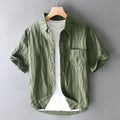 Men's apricot and army green pure cotton short sleeve casual shirt with Japanese fresh styling