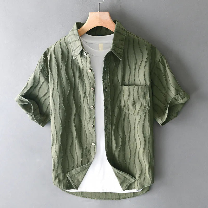 Men's apricot and army green pure cotton short sleeve casual shirt with Japanese fresh styling