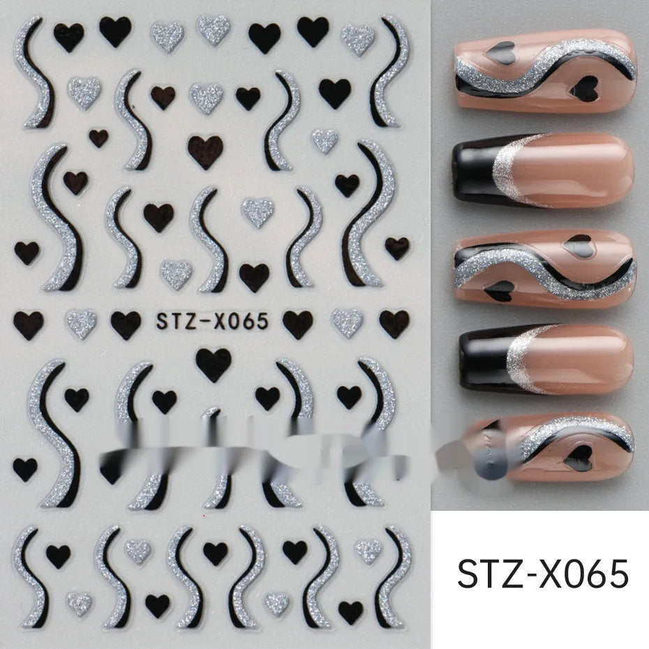 Pack of black and silver striped nail art stickers with cartoon and love pattern designs.