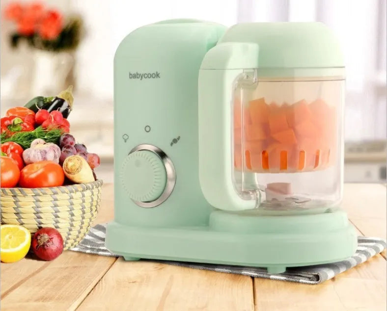 Baby food steamer and blender processor with double mixing blades in green colour