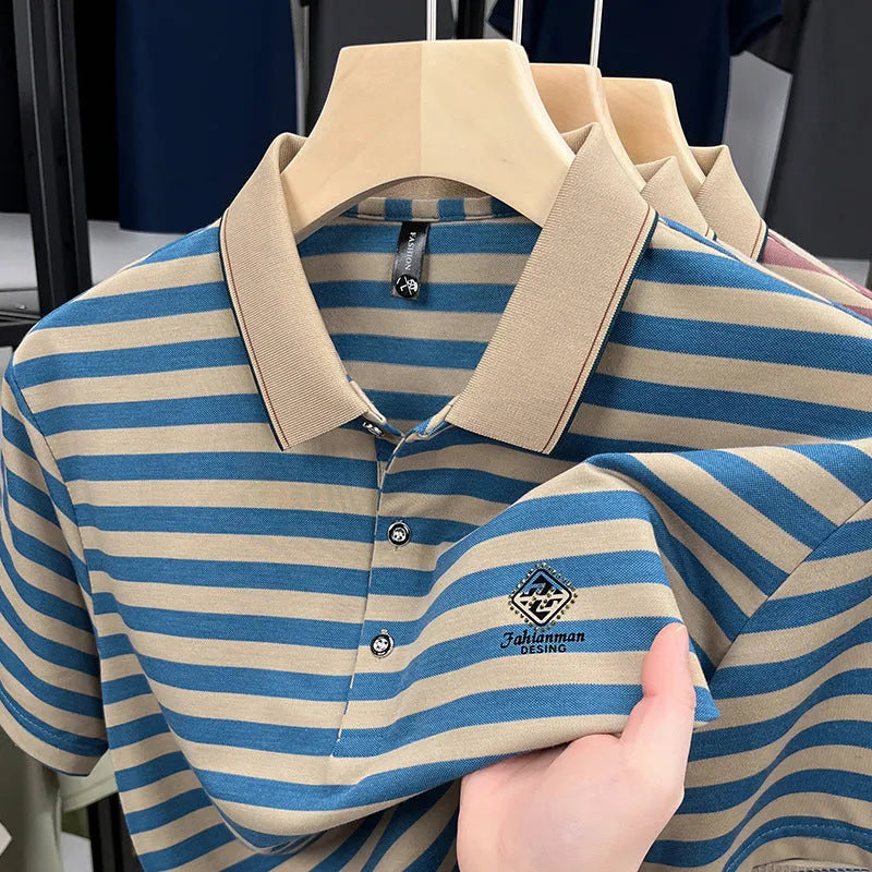 Men's striped casual t-shirt with mosaic pattern detail on short sleeves
