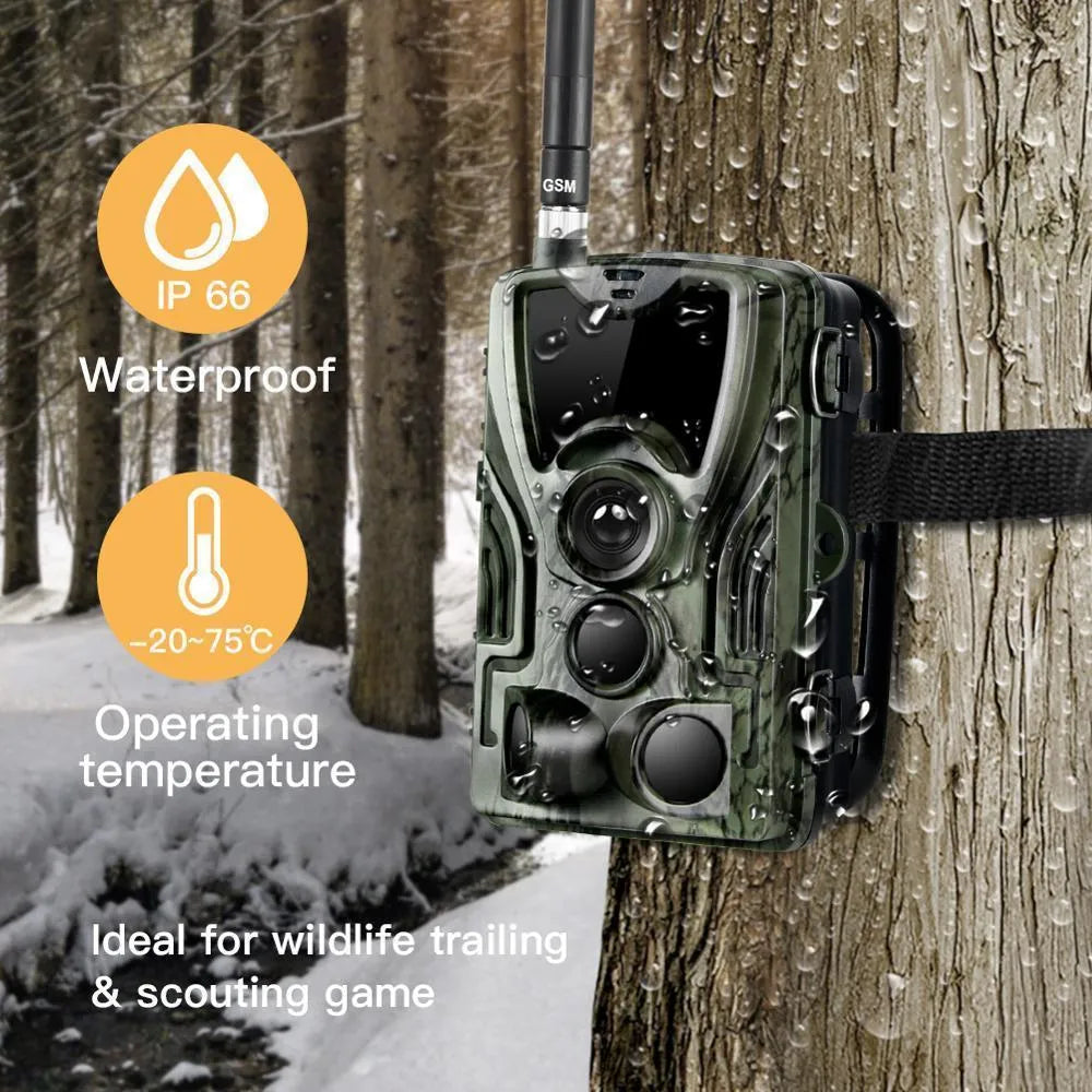 Green cellular trail hunting camera showing front view with lens, PIR sensor, and infrared LEDs