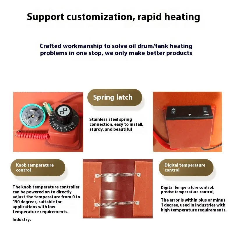 Silicone rubber heating belt wrapped around a 200-litre oil drum with a digital control unit.