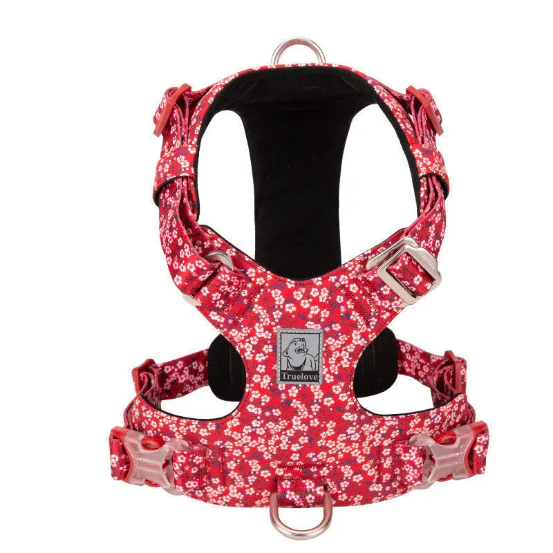 Floral pattern dog chest harness with pull-resistant strap in pure cotton material