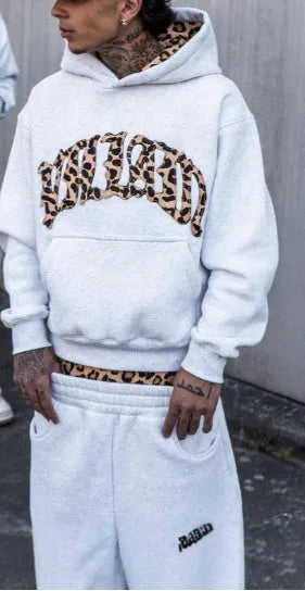 Leopard print letter embroidery street casual trousers and hoodie set for men and women in black and light gray polyester fabric