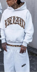 Leopard print letter embroidery street casual trousers and hoodie set for men and women in black and light gray polyester fabric