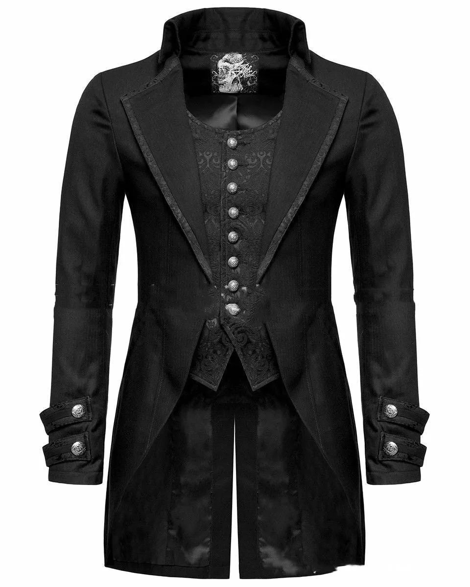 Black Victorian-style morning gown jacket for men's cosplay and gothic costumes.