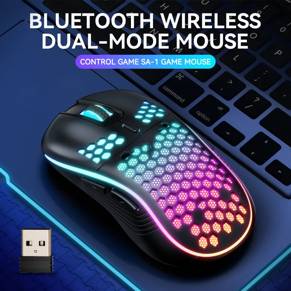 SA-1 dual mode honeycomb shell RGB wireless gaming mouse in black with honeycomb pattern and glowing scroll wheel