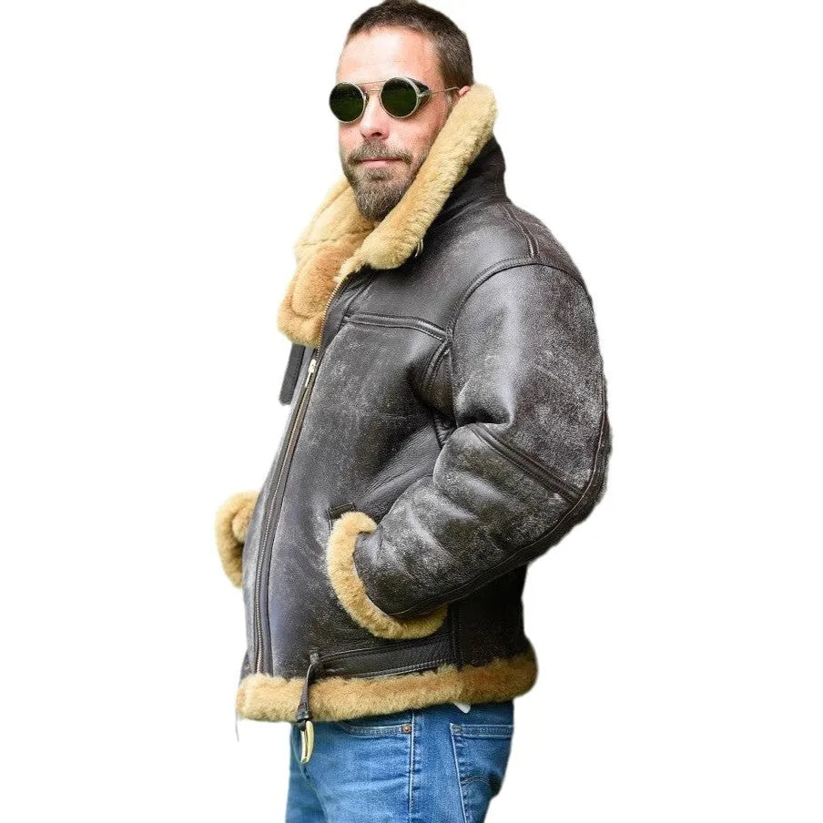 Brown retro-style men's synthetic leather fur coat with side pockets and a straight hem.