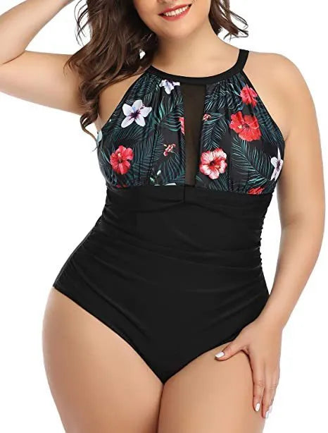 Women's black lace-trimmed one-piece swimsuit on a mannequin, showing front and back views.