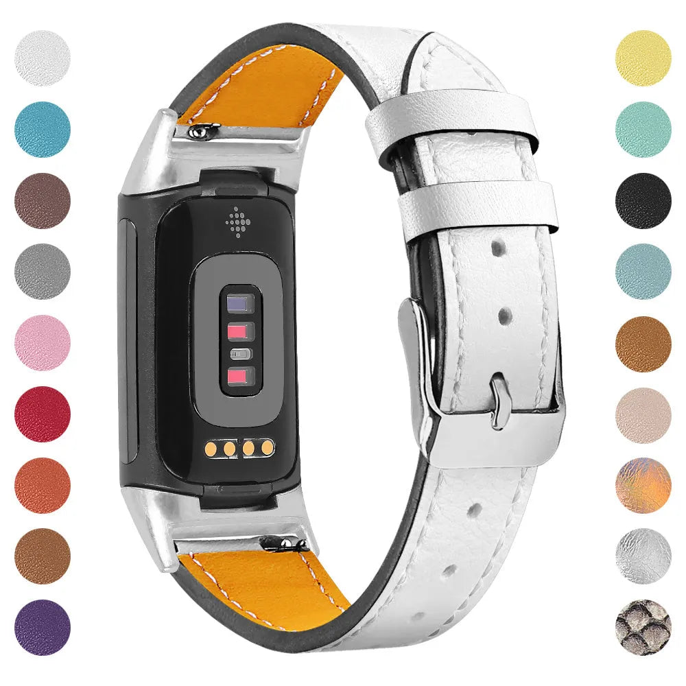 Genuine cowhide leather replacement watch strap for Fitbit Charge 5 and Charge 6 smartwatches.