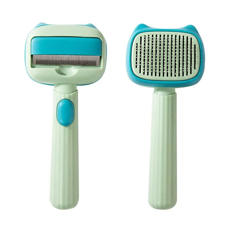 Blue double-sided pet grooming brush with deshedding rake and dematting comb on a wooden surface.