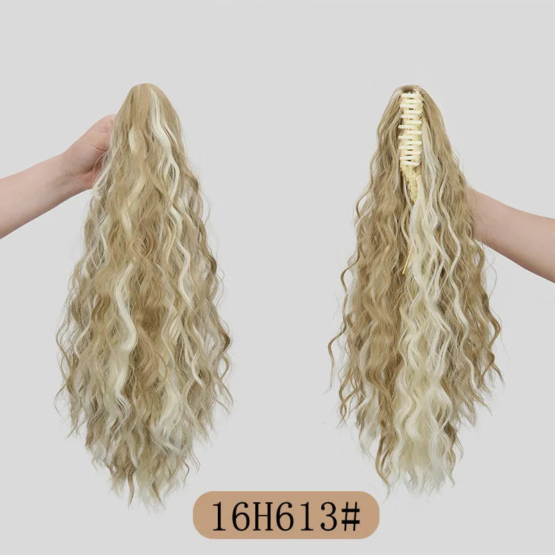 Synthetic corn curler wig ponytail with water ripple grip texture in multiple colour options on a white background.