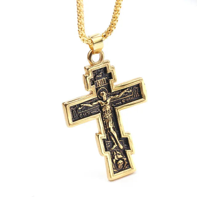 Gold cross Jesus pendant necklace on alloy chain, 5cm length, geometric design