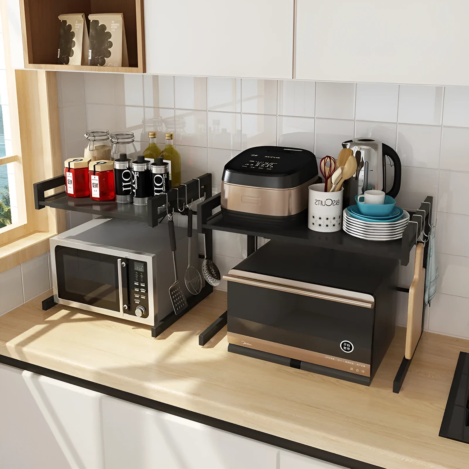 Retractable metal kitchen microwave rack with two layers on a countertop
