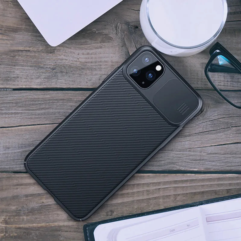 Solid colour PC phone case with lens protector for iPhone 11 Pro, black finish on rear view