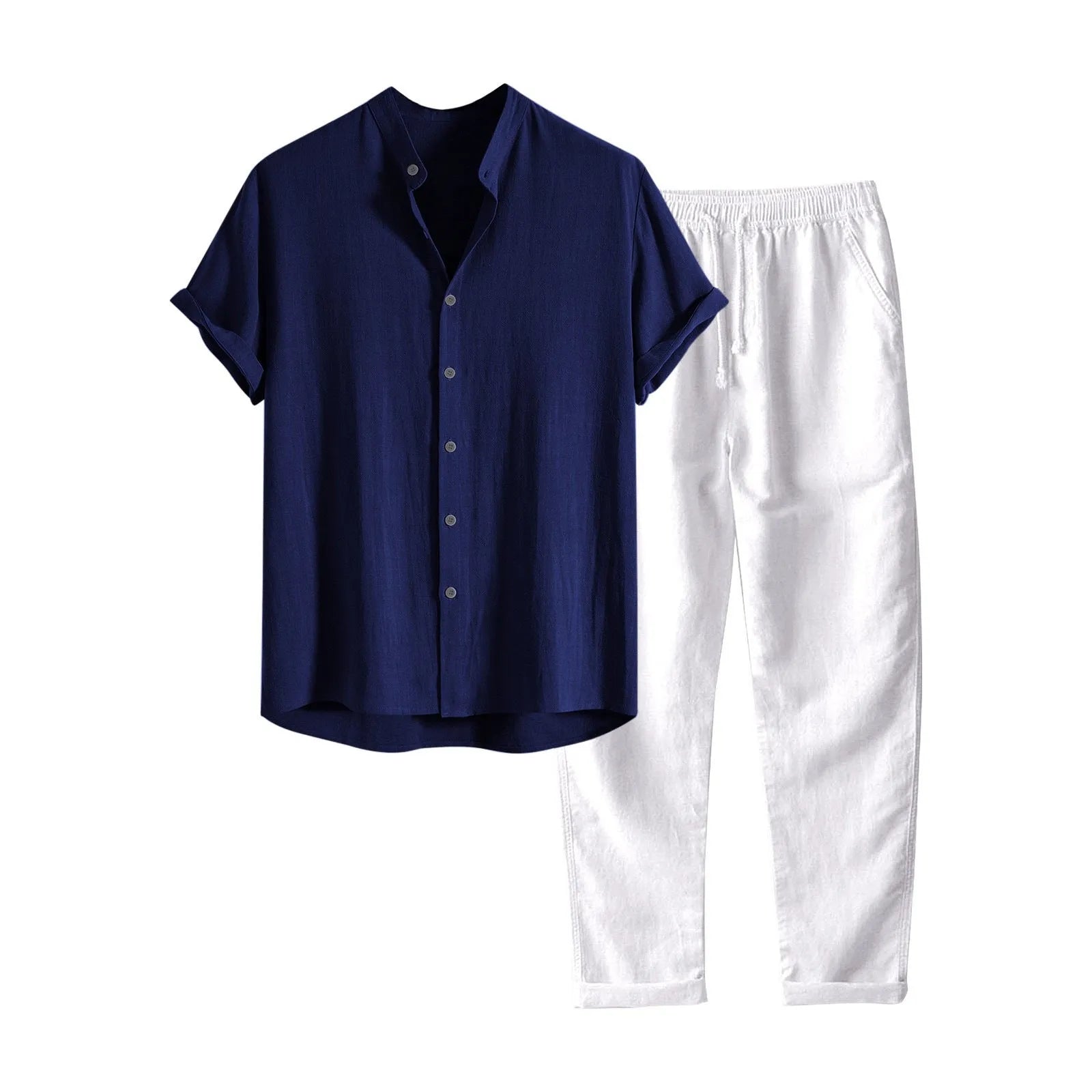 Men's loose fit linen-blend short sleeve shirt and trousers casual suit set on a hanger.