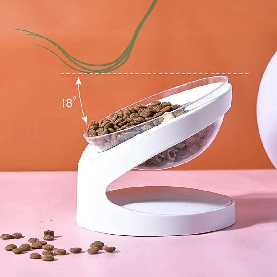 White elevated clear cat food bowl with anti-vomit tilt design