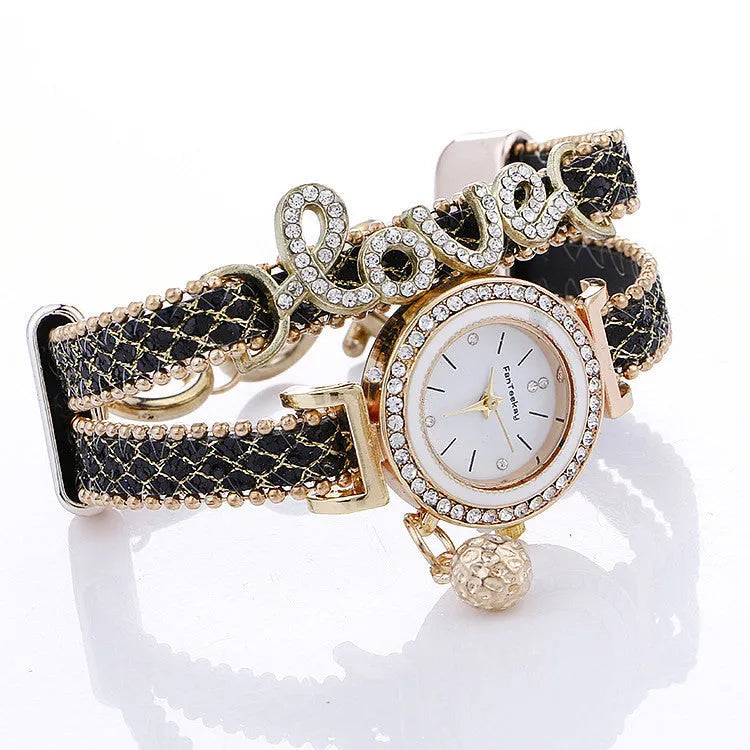 Sequin bracelet watch with round dial, alloy case, faux leather strap, available in multiple colours
