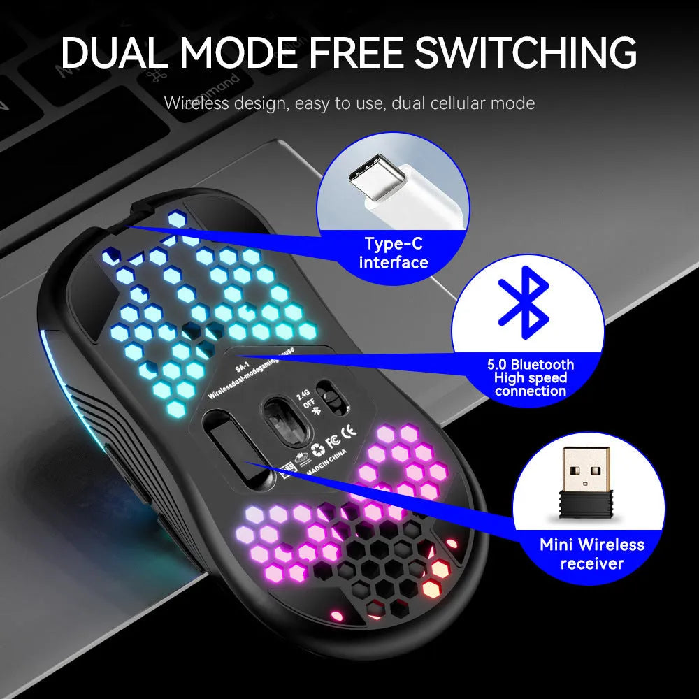 SA-1 dual mode honeycomb shell RGB wireless gaming mouse in black with honeycomb pattern and glowing scroll wheel