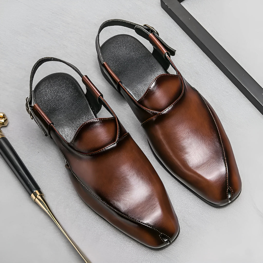 Plus size men's slip-on square toe artificial pu sandals in black with rubber sole and stitched detailing on a light background