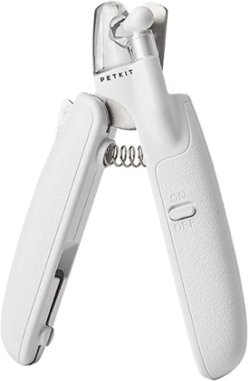 White pet nail clippers with LED light and transparent anti-splash guard for cats and dogs