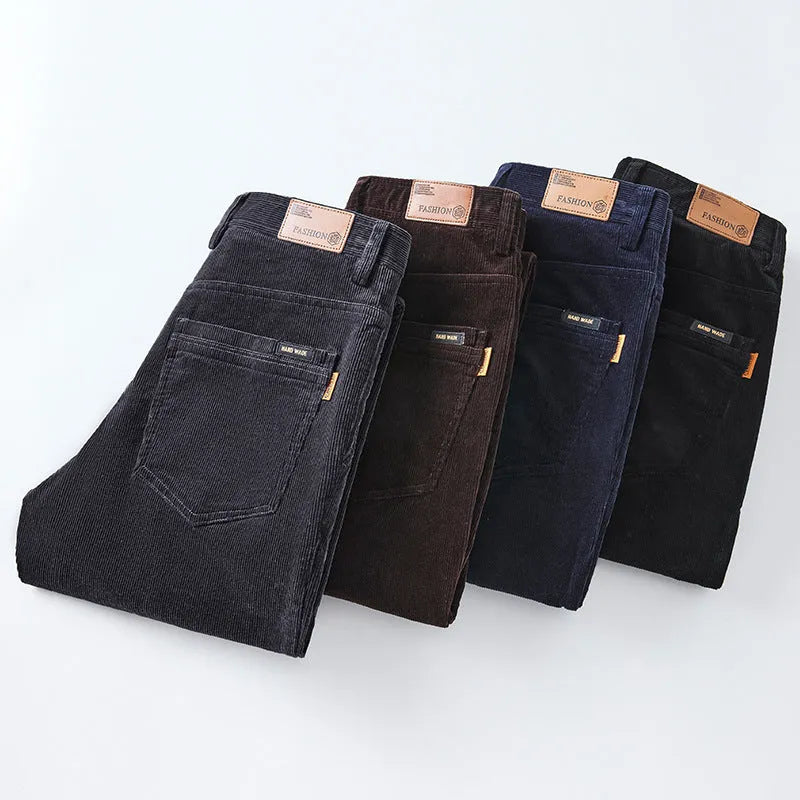 Slim fit straight corduroy trousers in dark gray, cotton fabric, mid waist with micro elasticity.