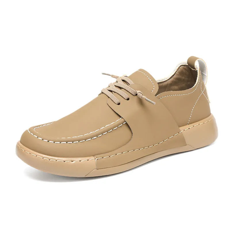 Men's retro British business casual lace-up leather shoes in black with round toe and low heel, stitching detail