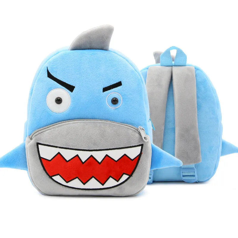 Cute plush animal backpack for children in elephant design, showing front zipper and straps.