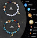Set of twelve natural stone bead zodiac bracelets showing different star sign designs with adjustable strings