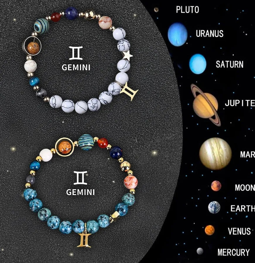 Set of twelve natural stone bead zodiac bracelets showing different star sign designs with adjustable strings