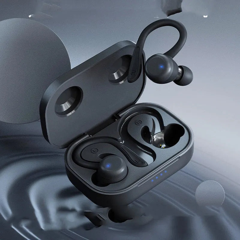 Bluetooth sports headphones with ear hooks in five colour options showing removable earbuds and charging case