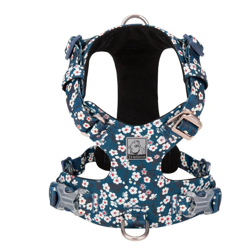 Floral pattern dog chest harness with pull-resistant strap in pure cotton material