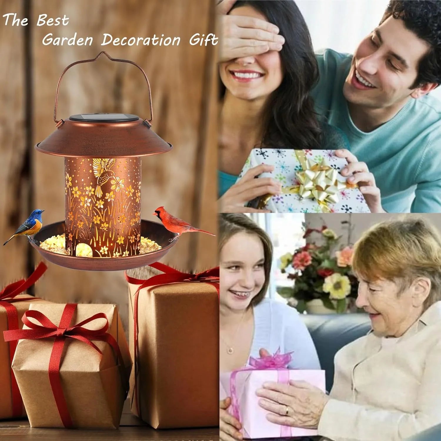 Solar-powered iron art hummingbird feeder garden lamp with LED lights and waterproof construction