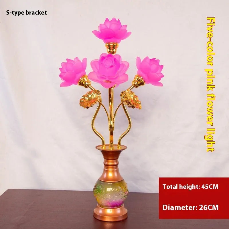 Colored glaze lotus lantern with alloy base, pink floral petals, and LED light for temple worship