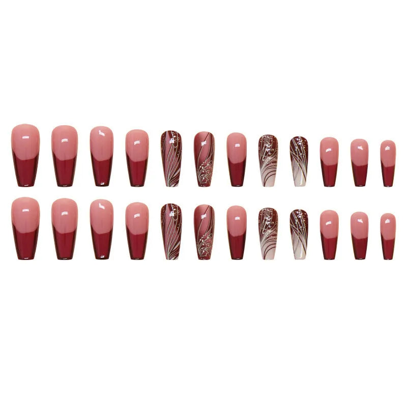 Pack of removable fake nail stickers with a French line design, showing 24 pieces and a tube of glue.