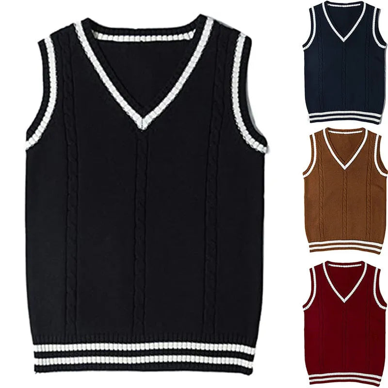 Women's V-neck striped knitted waistcoat sweater in acrylic fibre fabric available in multiple colours