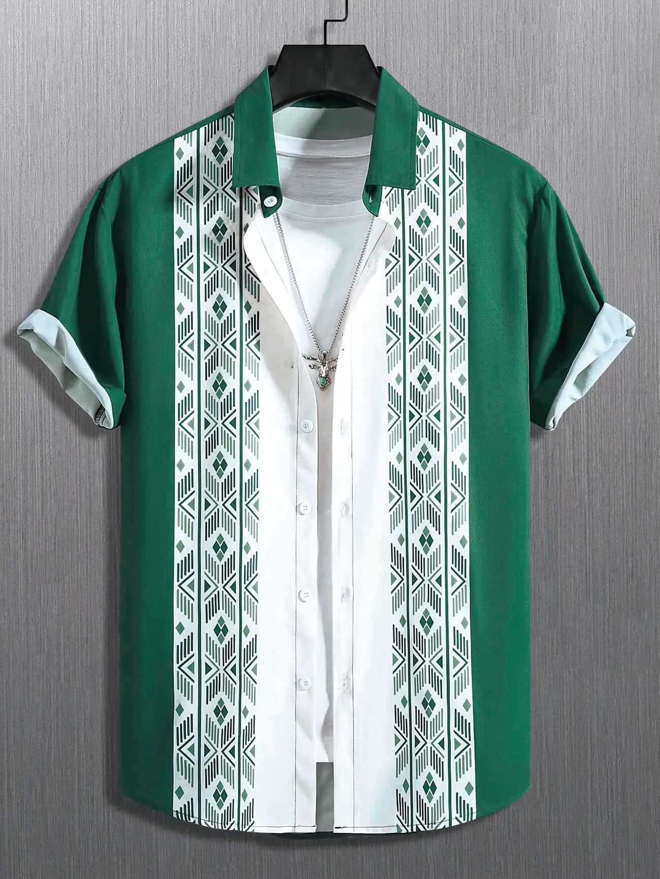 Men's plaid short-sleeve shirt cardigan with contrast lapel in elastic polyester fabric