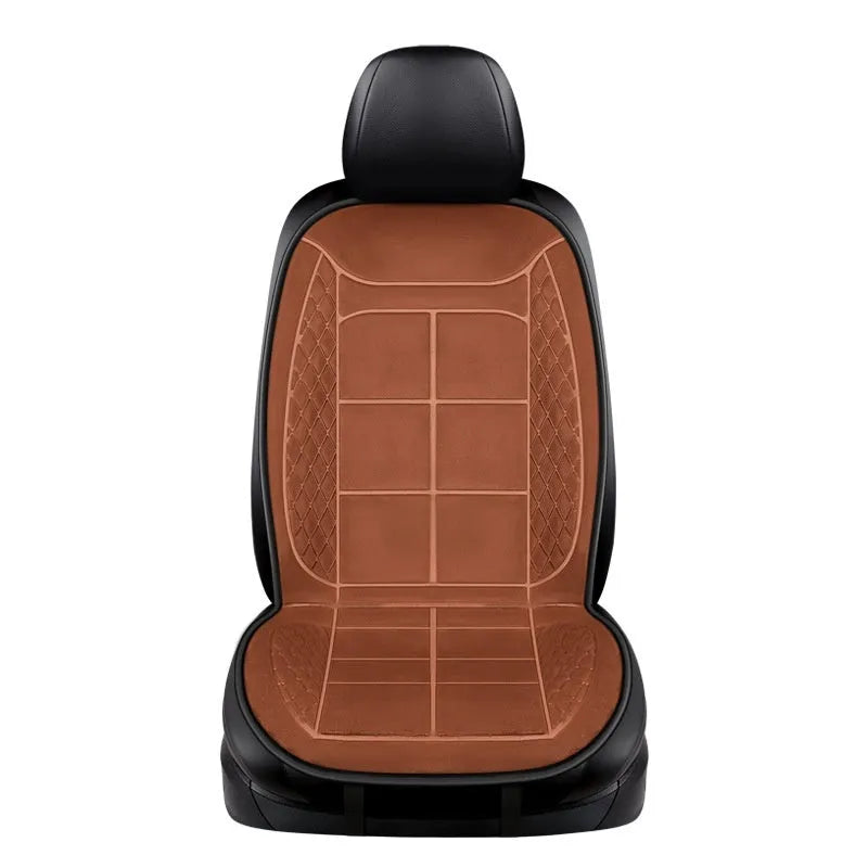 Auto heating car seat cushion with cotton filler shown in beige colour on vehicle seat