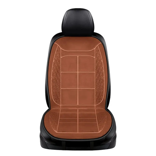 Auto heating car seat cushion with cotton filler shown in beige colour on vehicle seat