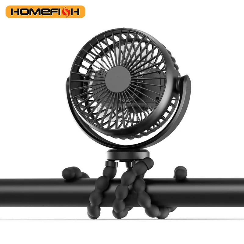 HOMEFISH F2 automatic oscillating stroller fan with LED light and removable mount on a pram.