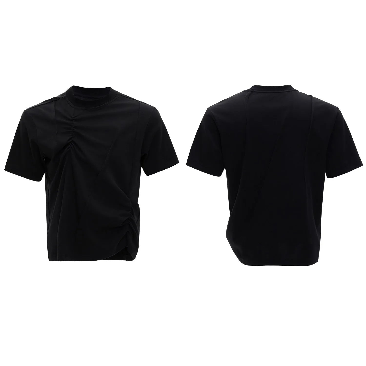 Man wearing a black cotton t-shirt with textured 3D pleating and a round neck