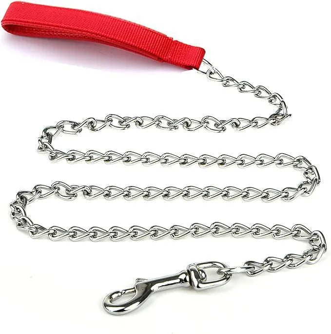 Heavy duty metal dog leash chain with soft black padded handle, shown with red collar attachment.