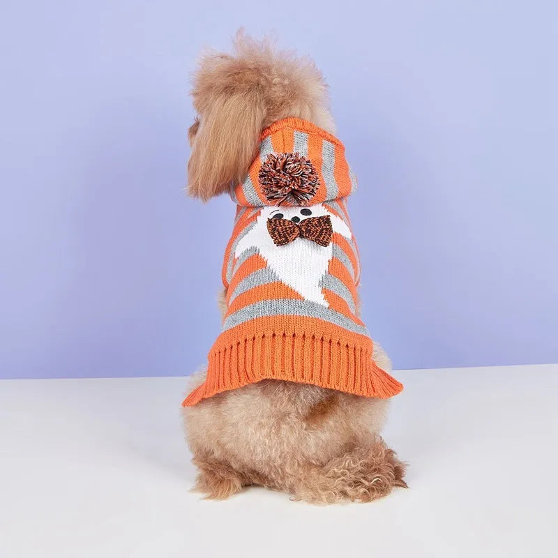 Orange striped Halloween hooded sweater for pets with fur balls on a hanger