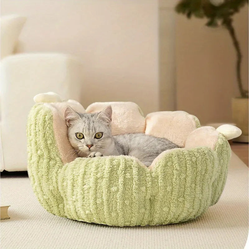 Soft green cactus-shaped pet kennel bed for cats and small dogs on a wooden floor.