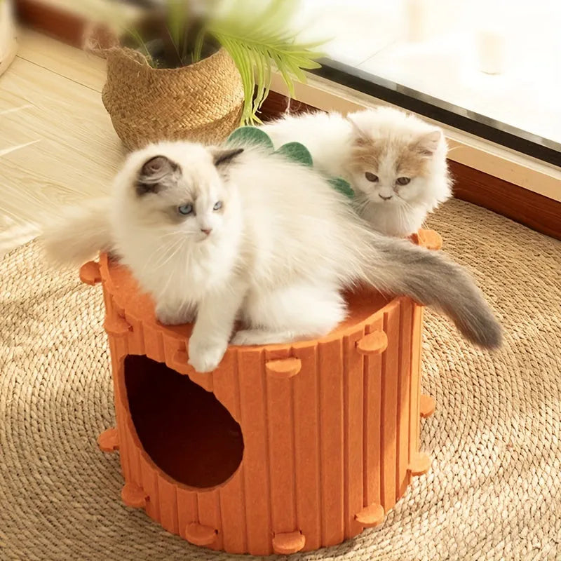 Carrot-shaped felt cat tunnel and semi-enclosed nest for indoor cats, shown in a colour assortment.